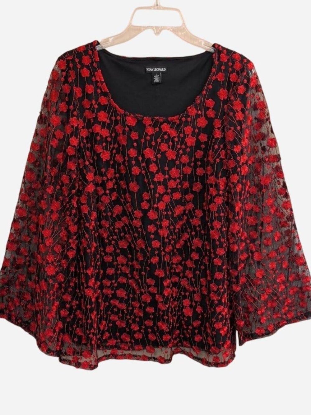 Nina Leonard Black Sheer Floral Embroidered Top | Size L